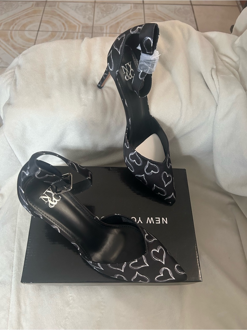 New York & Company Black Pointed-Toe Heart Print Ankle Strap Heels